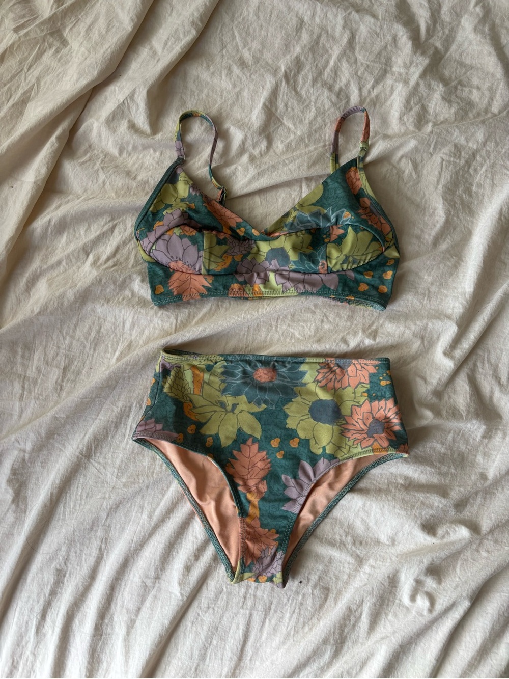 Seea Floral High-Waist Bikini Set — Green with Pink & Yellow Flowers XS